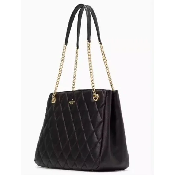 Kate Spade Black Quilted Leather Tote w/Leather and Gold Chain Link Straps - Picture 2 of 4